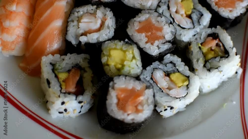 Sushi salmon tuna sticks rice plate Sushi salmon tuna sticks rice plate