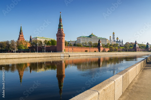 Morning view of Moskva River, embankments, Kremlin Towers in Moscow, Russia.