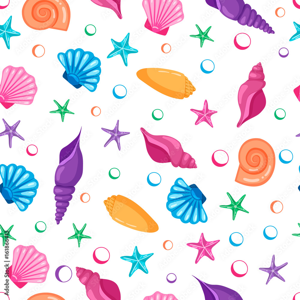 Seamless pattern with hand drawn seashells and starfishes. Cartoon style.
