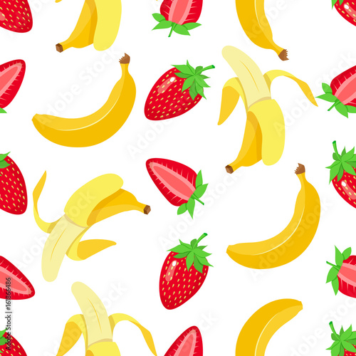 Seamless pattern with hand drawn cartoon style banana and strawberry.