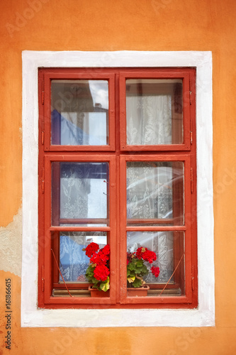 Closed old window with red flowers in orange wall.