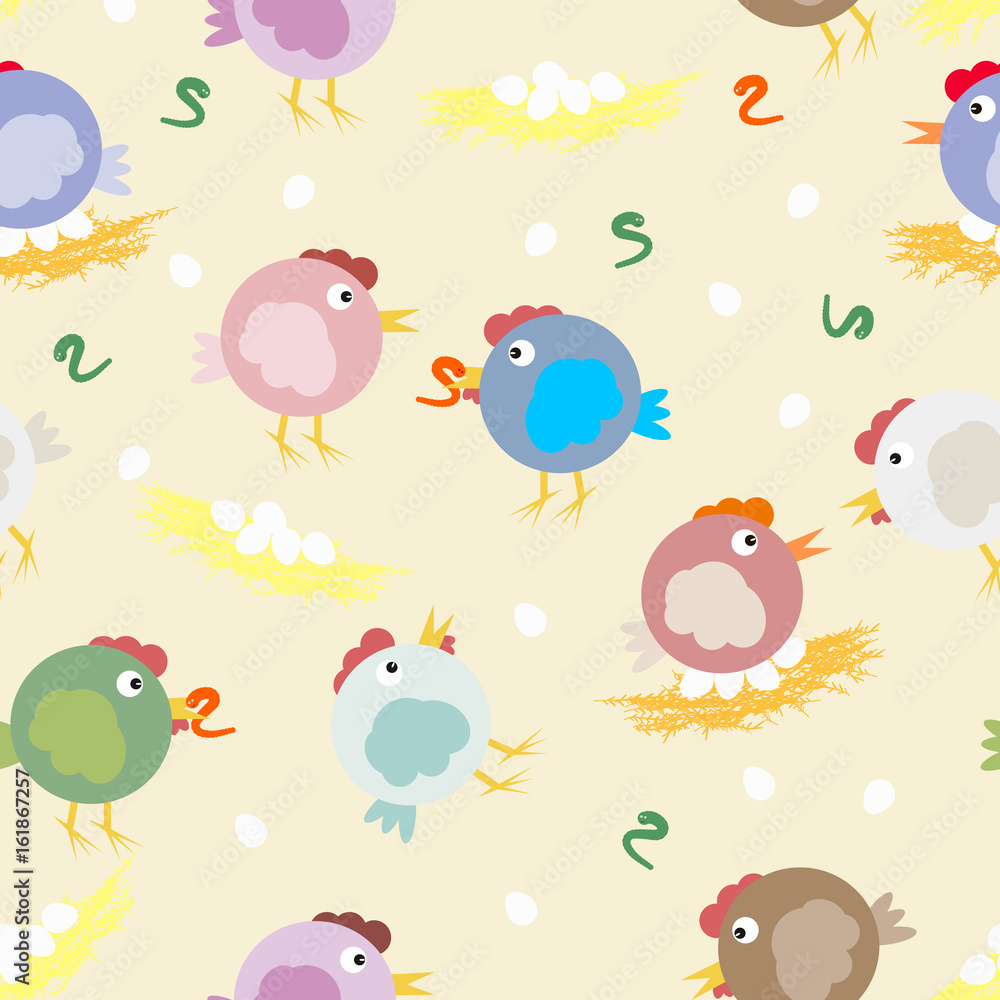 Multicolored chicks, worms and egg nests. Funny original vector pattern for your design.