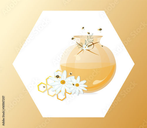Honey and chamomile in a jar Vector illustration
