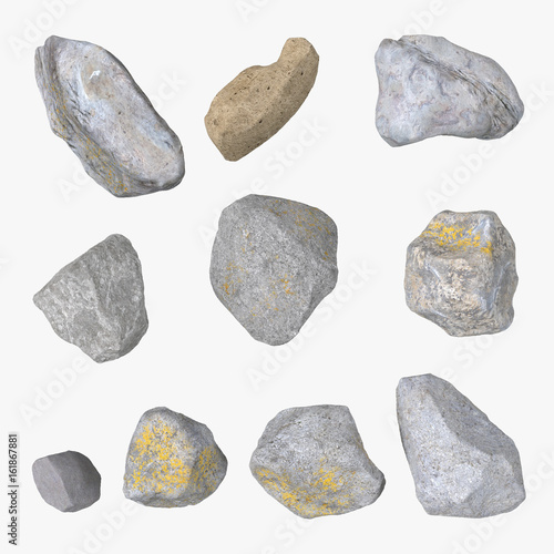 set of stones, sea pebbles isolated on white. 3D illustration