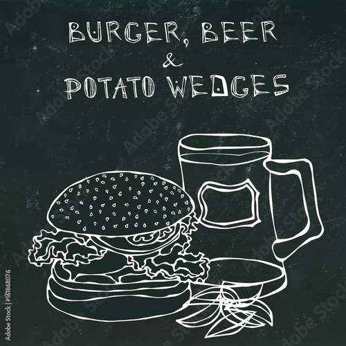 Big Hamburger or Cheeseburger, Beer Mug or Pint and Fried Potato. Burger Lettering. Isolated on a Black Chalkboard Background. Realistic Doodle Cartoon Style Hand Drawn Sketch Vector Illustration.