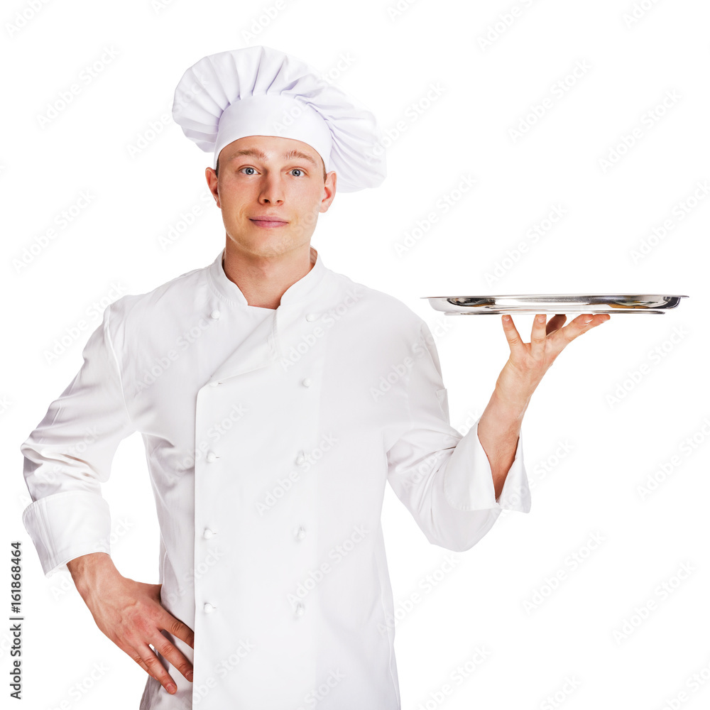 Chef holding tray isolated over white background. Chef holding tray isolated over white background.