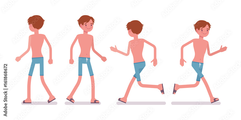 Man in blue swim trunk shorts, walking, running pose