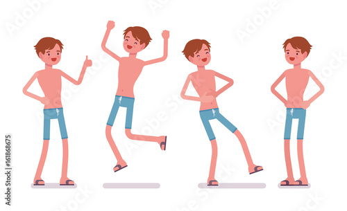 Man in blue swim trunk shorts, positive emotions