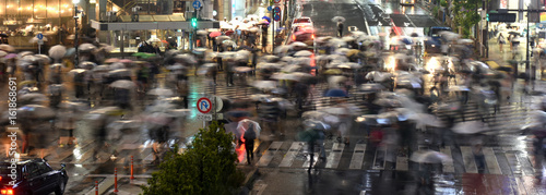 日本の東京都市景観・夜景・雨「東京・渋谷の交差点」