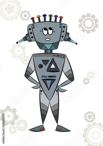 Vector cartoon grey robot with color antennas