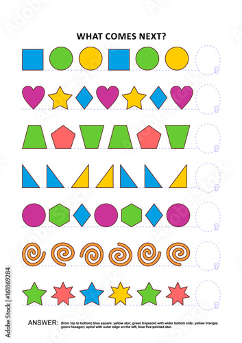 Shapes and colors themed educational logic game training sequential pattern recognition skills: What comes next in the sequence? Answer included.
