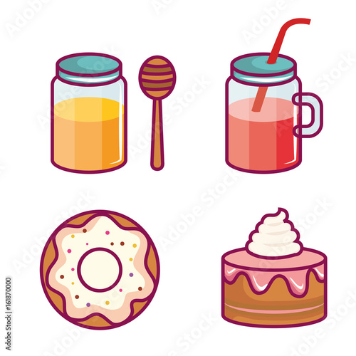 Colorful sweet treats and juice over white background vector illustration