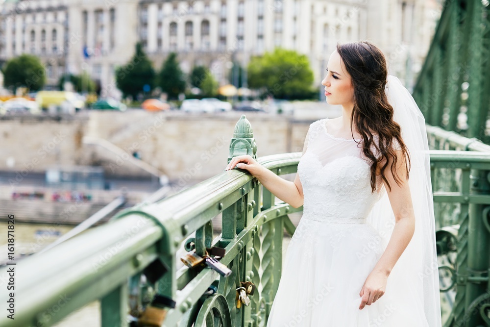 Naklejka premium Amazing wedding photo at old city background