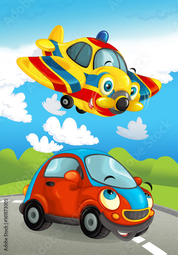 Cartoon sports car smiling and looking on the road and plane flying over - illustration for children