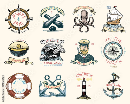 set of engraved vintage, hand drawn, old, labels or badges for a life ring, a cannon ball, a captain with a pipe. welcome aboard, two anchors, sailor. Marine and nautical or sea, ocean emblems.