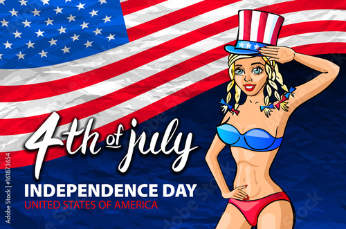 illustration of a girl celebrating Independence Day Vector Poster. 4th of July Lettering. American Red Flag on Blue Background