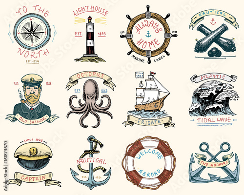 set of engraved vintage, hand drawn, old, labels or badges for atlantic tidal wave, lighthouse and octopus or sea creature, frigate or ship. Marine and nautical or sea, ocean emblems. photo