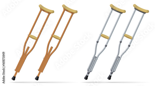 Crutches. Medical realistic objects. Treatment and rehabilitation of people with leg injuries. Vector