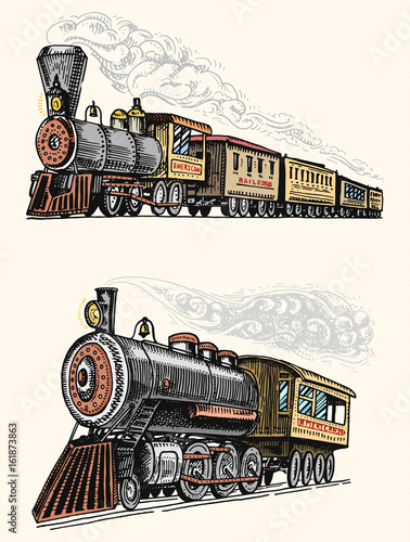 engraved vintage, hand drawn, old locomotive or train with steam on american railway. retro transport.