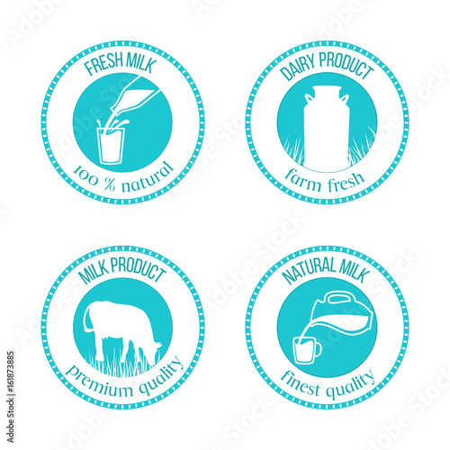 Set of round stamps with milk symbols inside and text around.