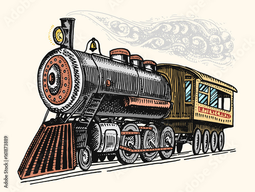 engraved vintage, hand drawn, old locomotive or train with steam on american railway. retro transport.