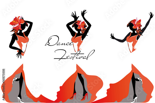 Girls in passionate Latin American dances. Salsa festival. Hand drawn poster background.