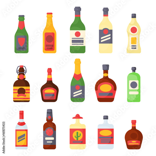 Alcohol drinks beverages cocktail bottle lager container drunk different glasses vector illustration.