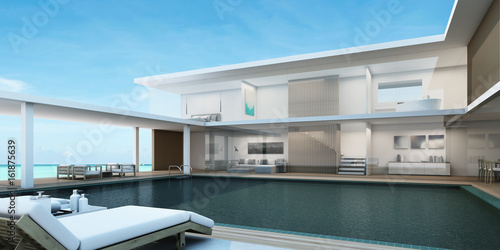 House Pool Villa Modern 2 Floors with white walls, wooden floor in the middle with swimming pool, White tone furniture, Beach chairs with sea view -3D render © methajam