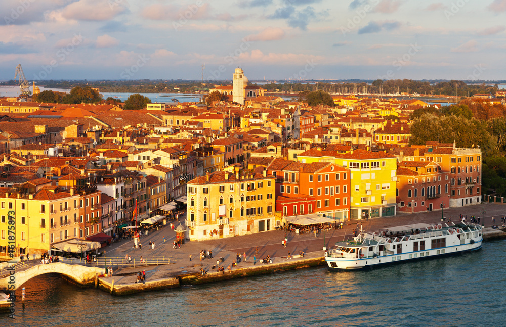 Venice. View from San Marco Canal to Via Giuseppe Garibaldi and the embankment at sunset