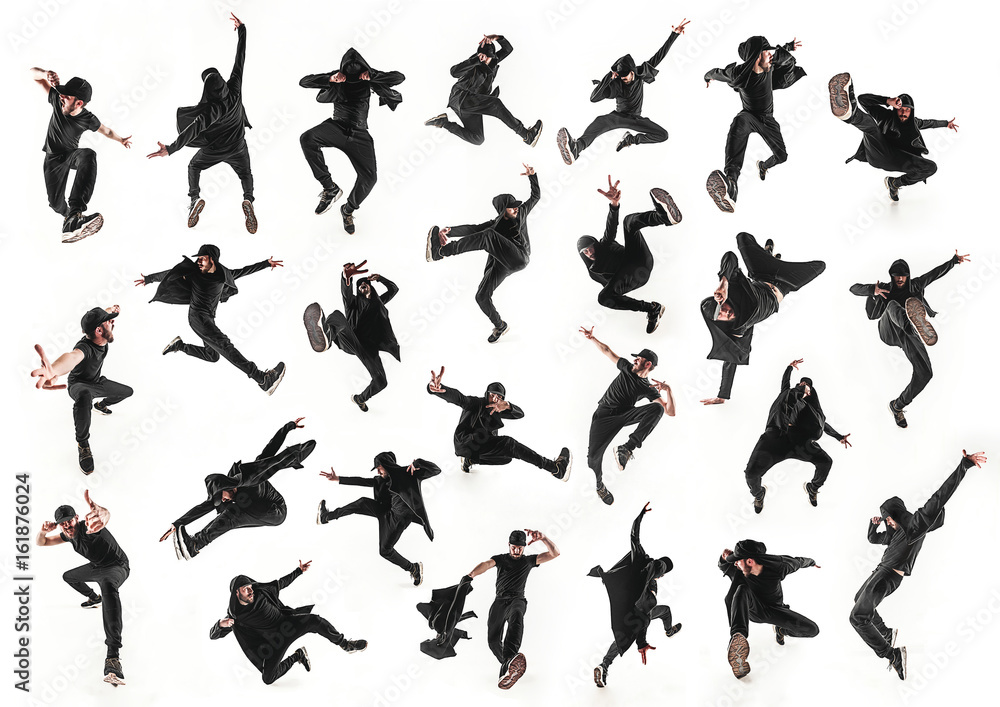 The silhouette of one hip hop male break dancer dancing on white background The silhouette of one hip hop male break dancer dancing on white background