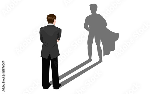 Geschäftsmann sieht seinen eigenenen Schatten als Superheld