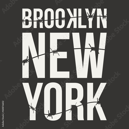 New York, Brooklyn typography for t-shirt print. Barbed wire and lettering. T-shirt graphics