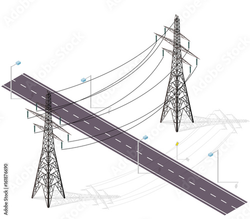 Road for cars crossed by high voltage lines, street lamps. Infrastructure intersecting. Vector high voltage pylon on white isolated background in isometric perspective. Industrial metal pole voltage.