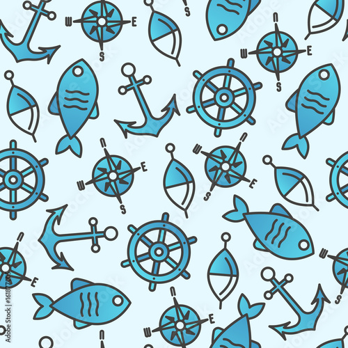 Seamless pattern with fish, bobber and anchor. Marine background with thin line icons. Template for design banners, postcard, invitation, packaging, fabric or wrapping paper.