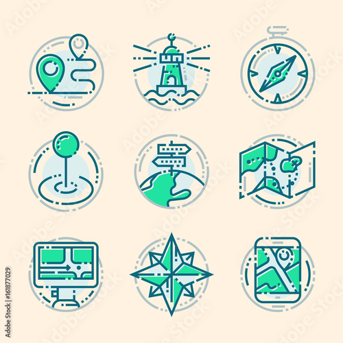 Navigation direction maps sign traffic and more thin line icons set vector illustration