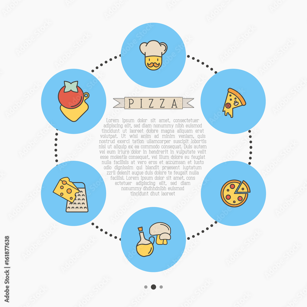 Pizza concept with thin line icons for menu design of restaurant or pizzeria. Vector illustration.