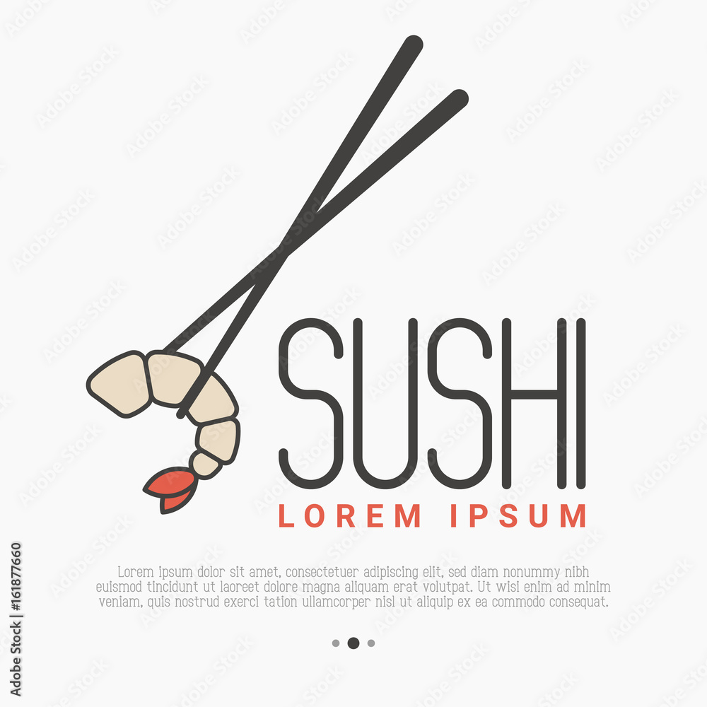 Logo with shrimp and chopsticks for sushi bar, cafe, restaurant. Thin line vector illustration. Logo with shrimp and chopsticks for sushi bar, cafe, restaurant. Thin line vector illustration.