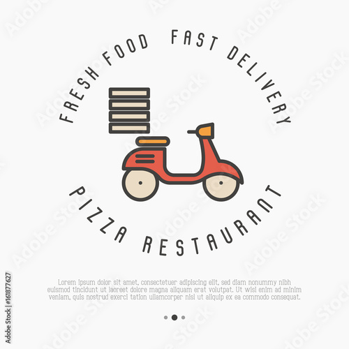 Concept of fast delivery of pizza. Thin line bike for advertisement of restaurant or pizzeria. Vector illustration.