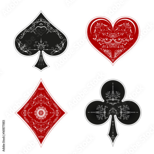A set of symbols of a deck of cards for playing poker and a casino in vintage style. Spades suit, diamonds, clubs and hearts.