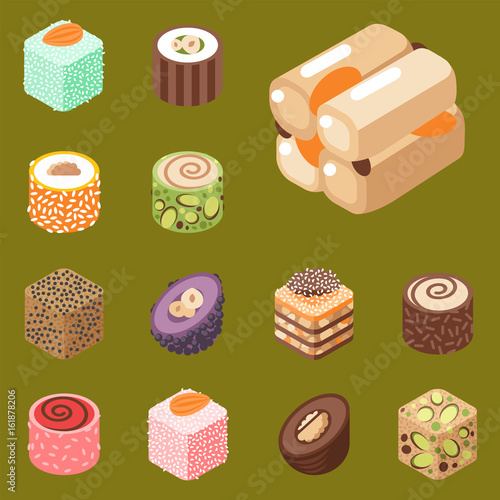 East delicious dessert isolated sweets food confectionery homemade assortment vector illustration