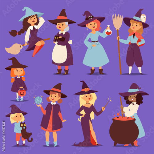 Valokuva Cute little witch hag harridan vixen with broom cartoon cat for print on bag magic Halloween card fantasy young girls character costume hat vector illustration