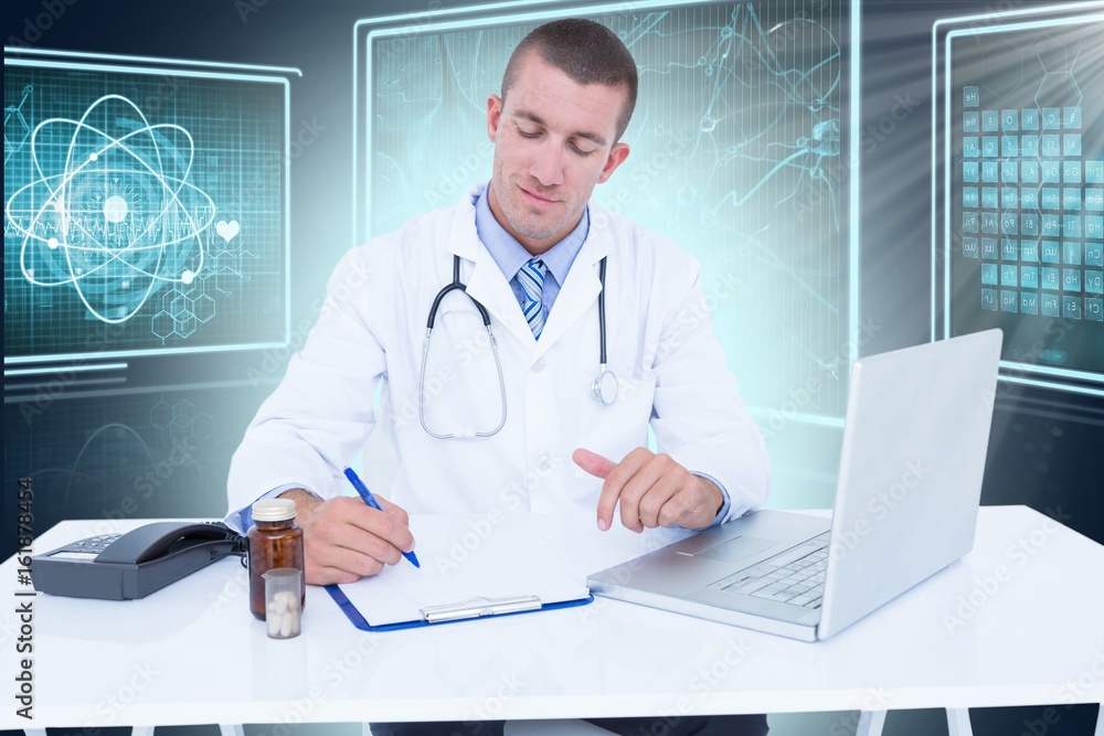 Composite 3d image of male doctor writing while sitting by desk Composite 3d image of male doctor writing while sitting by desk