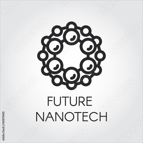 Linear icon of future nanotech concept. Label for future nanotechnology and development design theme. Vector illustration line logo on a gray background