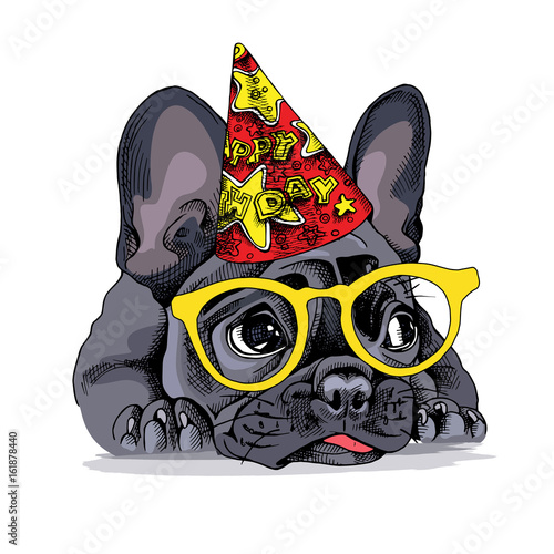 French bulldog Portrait in a Party hat with a glasses. Vector illustration.