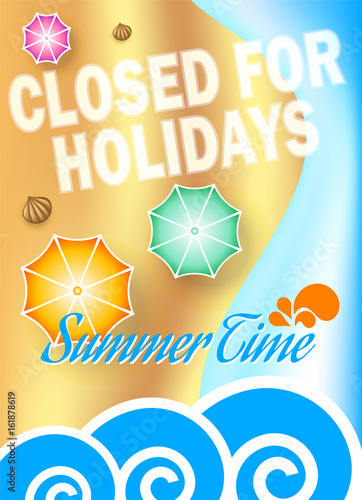Closed for holidays poster on beach background, vector illustration