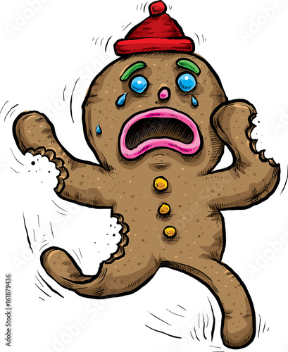 A crying, cartoon gingerbread man cooking running away with bite marks on his body. 