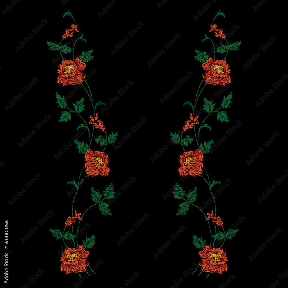 Colorful embroidery. Neckline flower pattern with roses, ethnic. Vector traditional traditional flowers on a black background