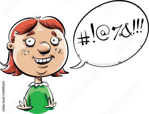 A cartoon of a happy little girl with a speech bubble filled with swearing symbols.