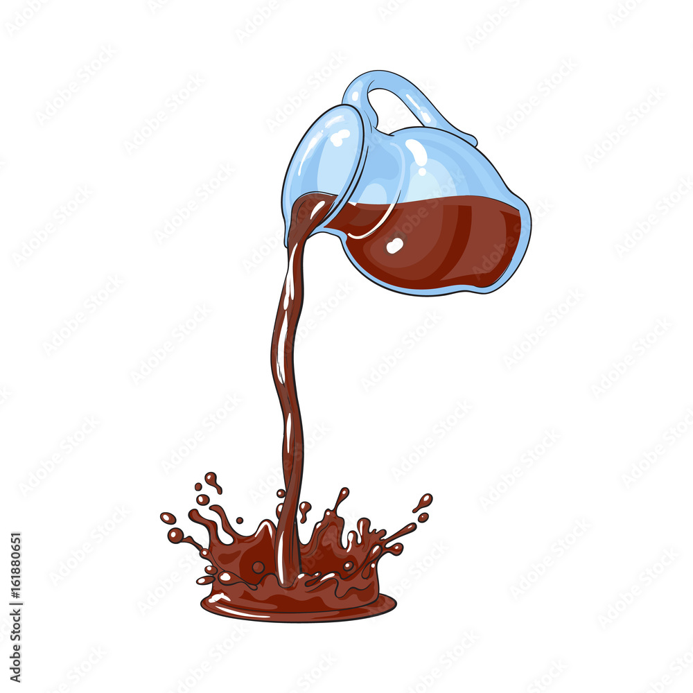 Drawing of chocolate milk, cocoa drink pouring from jar, making a