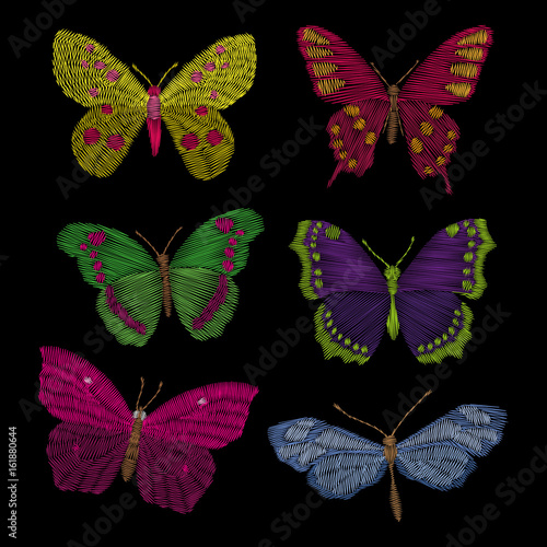 Traditional folk fashionable stylish embroidery on the black background. Butterfly insect. sticker. Sketch for printing on clothing, fabric, accessories and design. vector